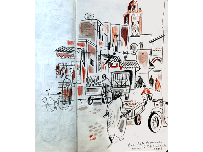 Drawing of the top of Rue Babdoukkala, Marrakech
